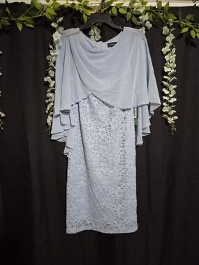 Scarlett Light Blue Lace Midi Dress with Draped Chiffon Capelet